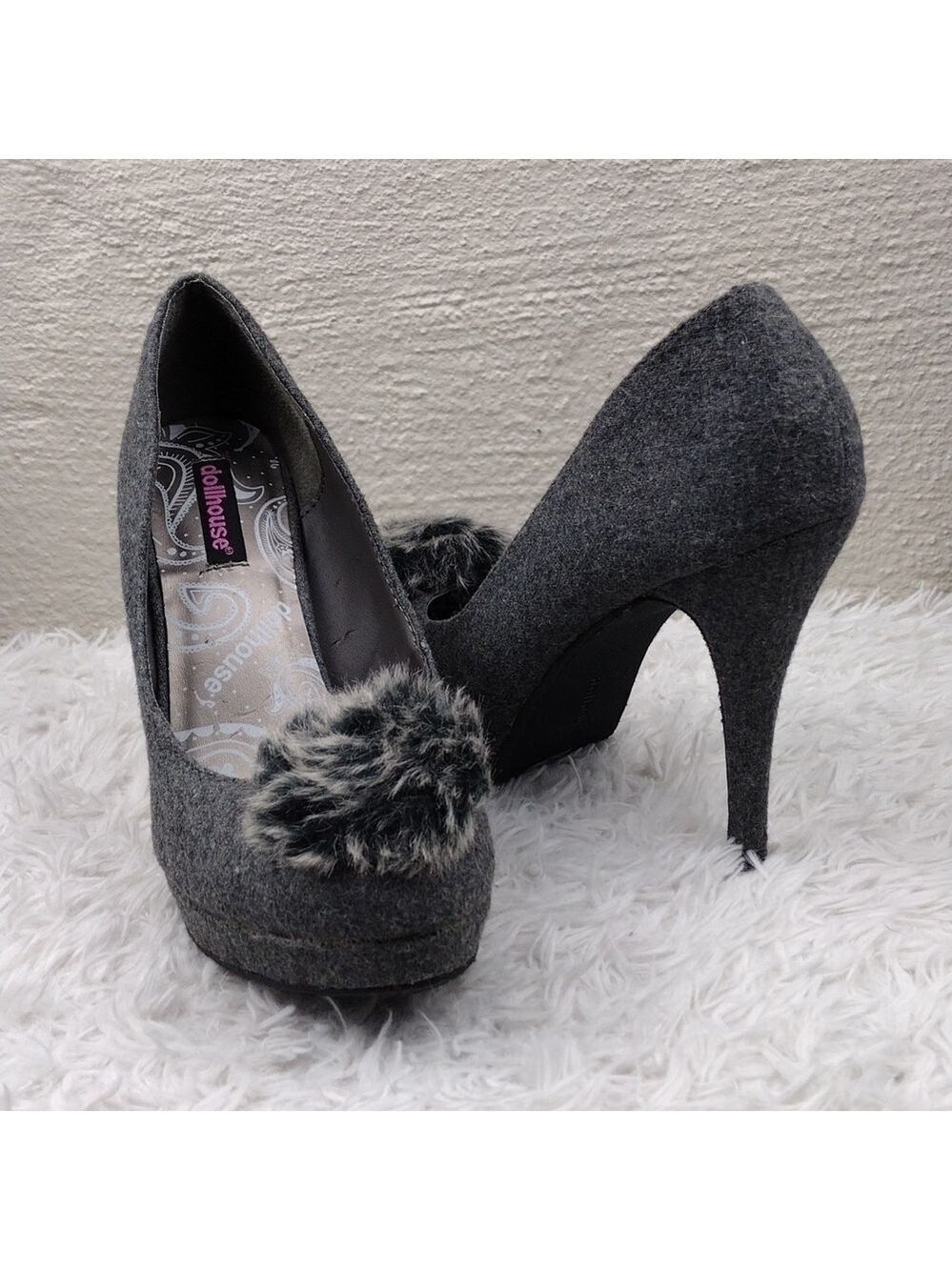 Dollhouse Gray Faux Woo Faux Fur Upper Almond Toe Slip On Platform Stiletto Heel